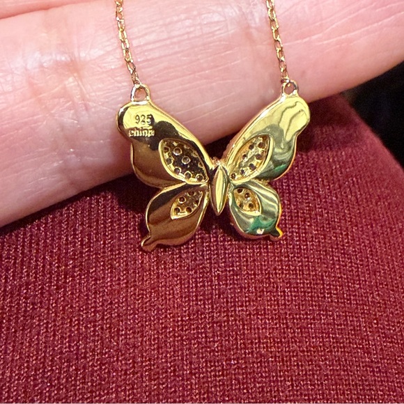 Amethyst Cubic Zirconia, 14k Gold Plated  Blue Enamel Butterfly Pendant Necklace - Picture 2 of 5
